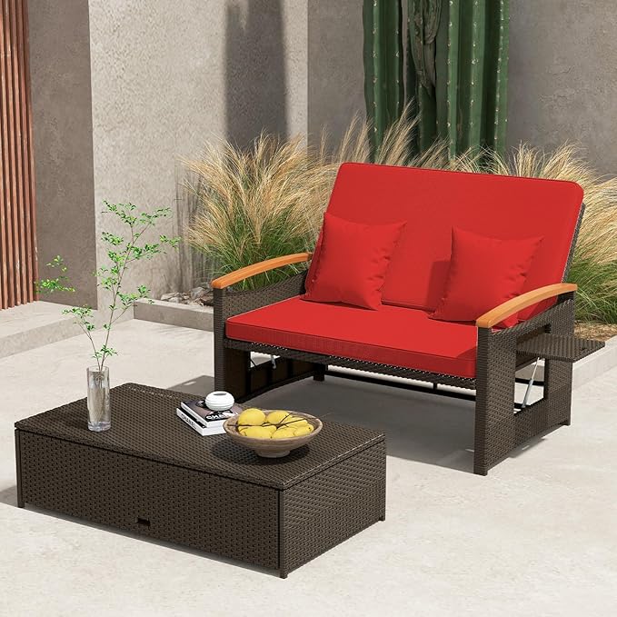 Tangkula Patio Rattan Daybed with 4-Level Adjustable Backrest, Outdoor Wicker Loveseat with Acacia Wood Armrest, Storage Ottoman & Folding Tray, Double Sunbed for Balcony, Backyard & Poolside, Red