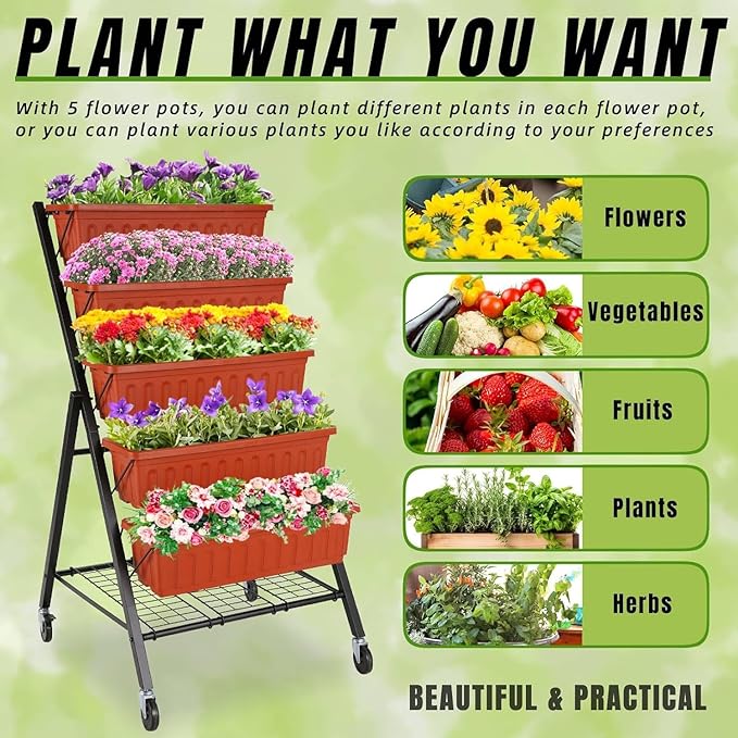 Homdox 2 Pack Vertical Garden Bed, 5 Tiers Vertical Raised Garden Planter, 23 * 26 * 45Inch Outdoor Garden Raised Bed with 4 Hooks, Vegetable Flower Planter Raised Stand for Garden Patio Yard, Brown