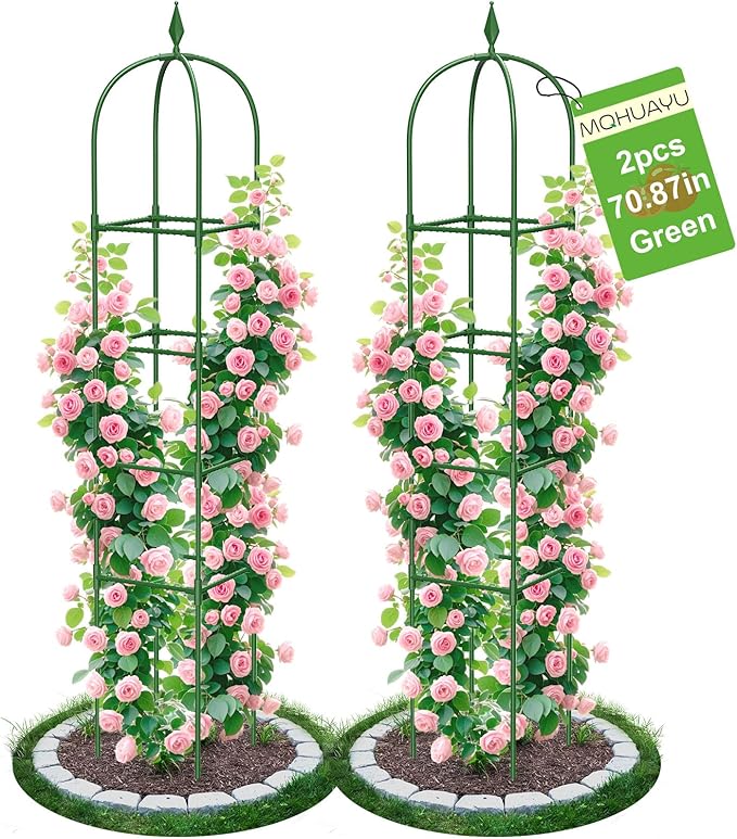 2 Pack Garden Obelisk Trellis for Climbing Plants, 71" Metal Rustproof Plant Support Rose Trellis, Tower Potted Cages for Flowers Fruits Vegetable Vines Indoor & Outdoor, Green(4 Tiers)
