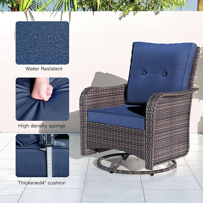 Kullavik 9 Pieces Outdoor Patio Furniture Set,PE Wicker Rattan Sectional Sofa Patio Conversation Sets with Swivel Rocking Chairs Set,Navy Blue