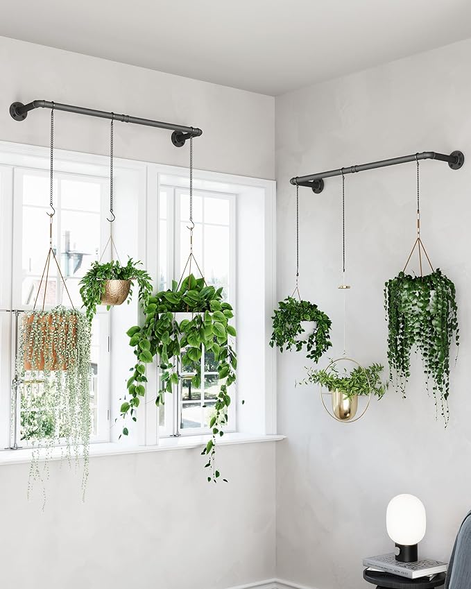 Plant Haning Rod, 2 Pack Hanging Planters for Indoor Plants with 3 Chains, Wall Plant Hanging Bar for Window Celling, 38.2 Inch, Metal Black, Pots Not Included