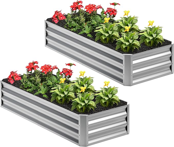 2PCS 4x2x1FT Galvanized Raised Garden Bed,Planter Raised Beds-Metal Garden Box,Large Plant for Outdoor Planting, Vegetables Bed，Flower,herb-Silver