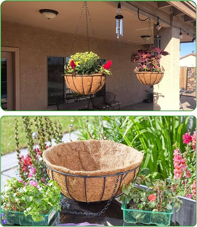 Hanging Baskets Planter for Plants - 2 Pack 12 Inch Metal Baskets with Coco Coir Liner, Hanging Flower Pots for Outside with Chain, Indoor Outdoor Garden Porch Decoration (12'' Pack of 2)