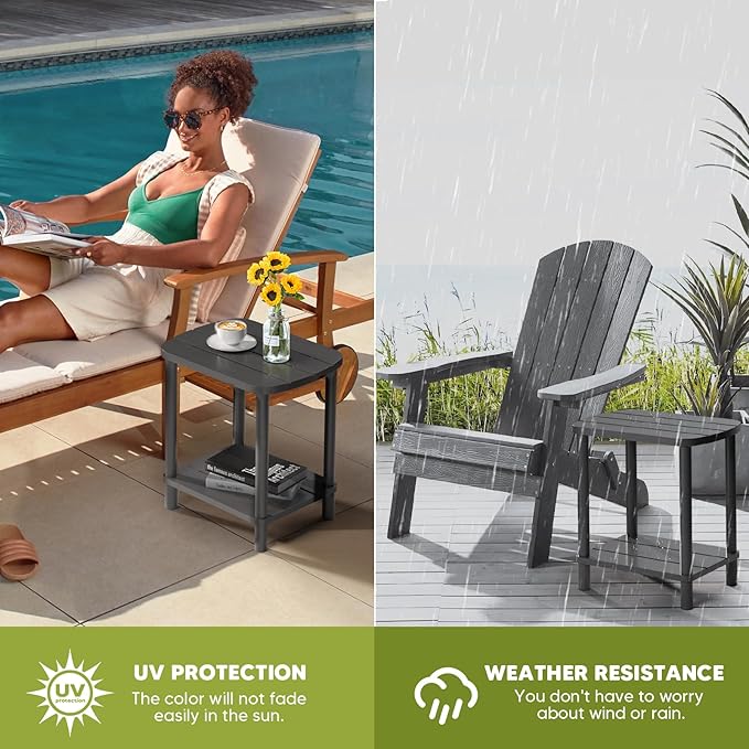 Outdoor Side Table, Adirondack Outdoor Patio Table, Bamboo Small Patio End Tables for Pool, Porch, Backyard, Bathroom and Indoor. Easy Maintenance & Weather Resistant (Grey, Standard)