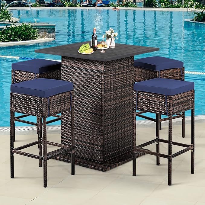 Tangkula 5 Piece Outdoor Rattan Bar Set, Patio Bar Furniture with 4 Cushions Stools and Smooth Top Table with Hidden Storage Shelf, Outdoor Conversation Set for Poolside, Backyard, Lawn (Navy Blue)