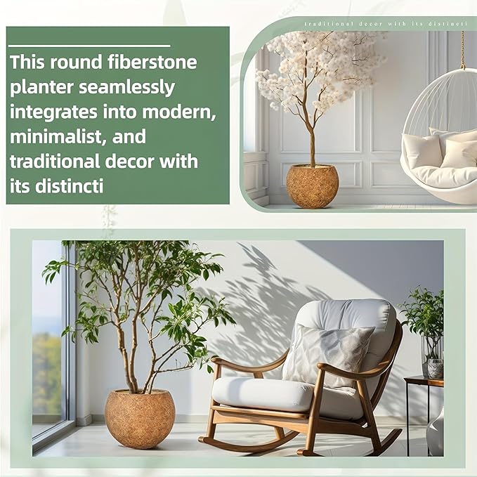 10 H x 14" Dia (10" Pot Opening) Round Fiberstone Planter with Drainage Hole, White, Indoor/Outdoor Large Plant Pot for Home Patio Garden, Ideal for Large Plants-Camel