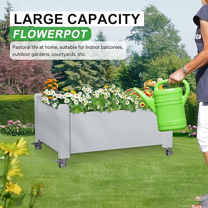 Raised Garden Bed with Wheels, 14 Gallon Self-Watering Raised Planter Box with Drainage Plug & Gauge for Vegetables Flowers Herbs Succulents, Rustproof Resin for Backyard Patio Porch (Ashen)