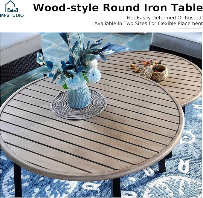MFSTUDIO Patio Furniture Set, 8 Seats Half-Moon Curved Outdoor Sectional Sofa Conversation Set, Woven Rattan Patio Couch with 2 Wood-Like Round Coffee Table