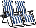 Best Choice Products Set of 2 Adjustable Steel Mesh Zero Gravity Lounge Chair Recliners w/Pillows and Cup Holder Trays - Mediterranean Blue Striped