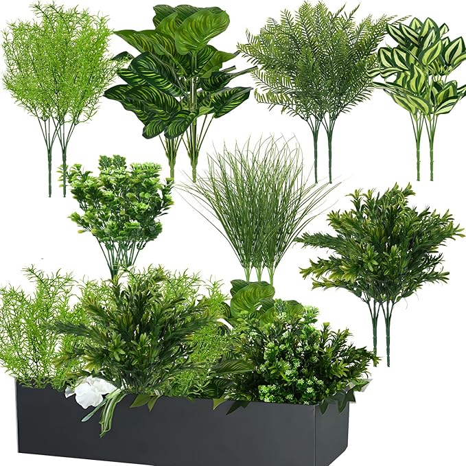 15Pcs Outdoor Artificial Plants UV Resistant Fake Plastic Greenery Spring Grass for Outside Yard Front Porch Patio Window Box Planter Basket Decor (Yellow Green)