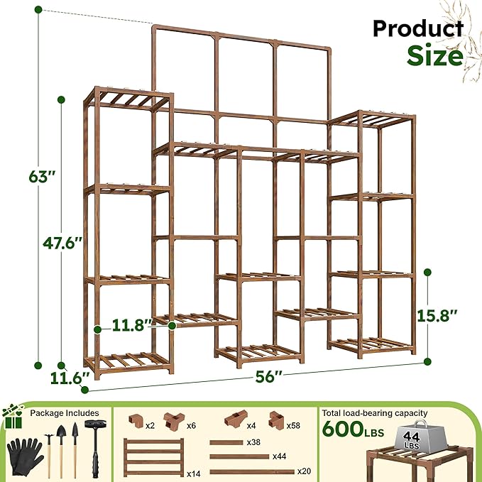 EnHomee 63''H Plant Stand Indoor Tall Plant Stands Outdoor with 7 Tiers and 14 Potted Upgrade Wood Plants Shelves Stand for Living Room Patio Balcony Yard Garden, 11.8''D×56''W×63''H