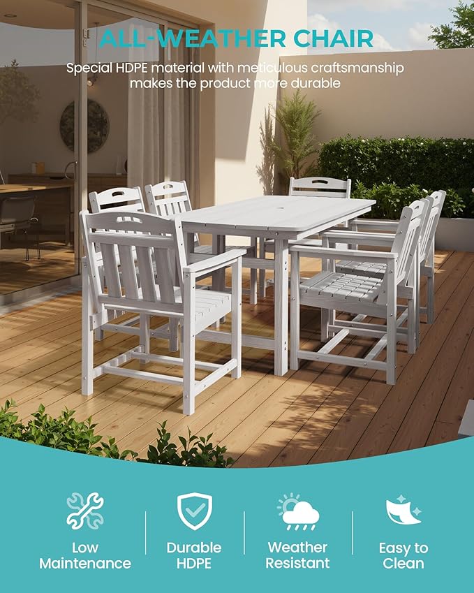 Outdoor Rectangle Dining Table, Heavy-Duty HDPE Table for 6, Weatherproof Patio Table with Umbrella Hole, Rounded Corners for Safety, White