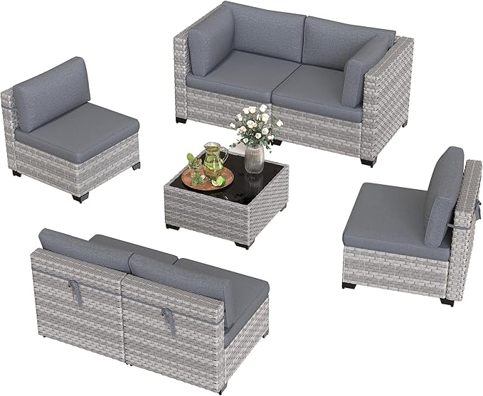 6-Seat Modular Patio Furniture Set – Outdoor Wicker Sectional Sofa with Thick 4″ Cushions, Dual-Strand PE Rattan, Rust-Resistant 18 mm Steel Frame, Backyard Garden Deck Lounge,Gray