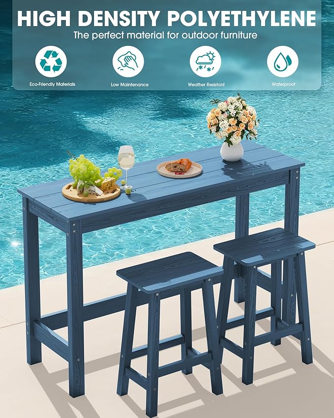 SERWALL 3-Piece Outdoor Bar Set, Rectangular All Weather HDPE Bar Height Patio Set, Outdoor High Top Table and Stools for for Outside, Poolside, Backyard, Garden, Blue