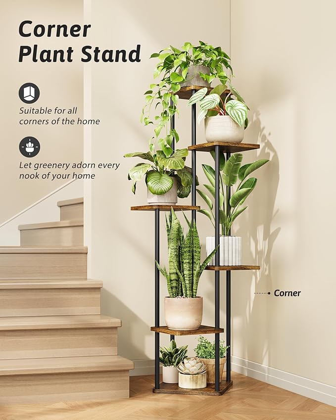 Corner Plant Stand Indoor 6 Tiered Plant Shelf for Multiple Plants Tall Plant Stand Shelf Wood Plant Stands Metal Shelving for Living Room Bedroom Balcony Brown Oak