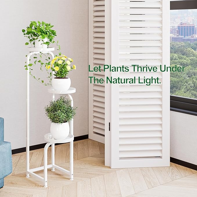 Plant Stand Indoor Outdoor 3 Tier Metal Plant Shelf for Multiple Plants Corner Flower Holders for Living Room Balcony Bedroom Patio Garden, Black (White, 3-Tier)