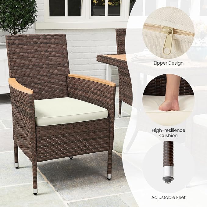 Wisteria Lane 10-Pieces Outdoor Patio Table and Chairs, Rattan Patio Table Set with Acacia Wood Tabletop, Patio Dining Furniture Set for 8 with Removable Cushions for Deck Garden Backyard, Brown
