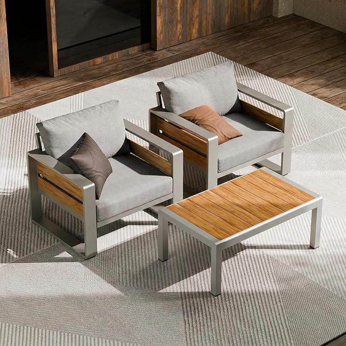 ZANDOR Aluminum Outdoor Patio Furniture - 2 Pcs Armchairs and Coffee Table, All-Weather Metal Modern Outside Furniture with Washable Thick Cushion for Garden/Backyard/Porch, Silver