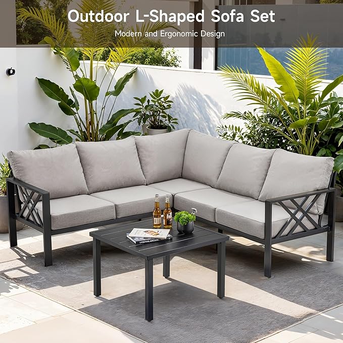 Patio Furniture Set, 6-piece Metal Sectional Furniture Sofa with Coffee Table, L Shaped Outdoor Couch with Olefin Cushion, Highback Frame, Outdoor Patio Conversation Sets for Balcony Backyard, Grey