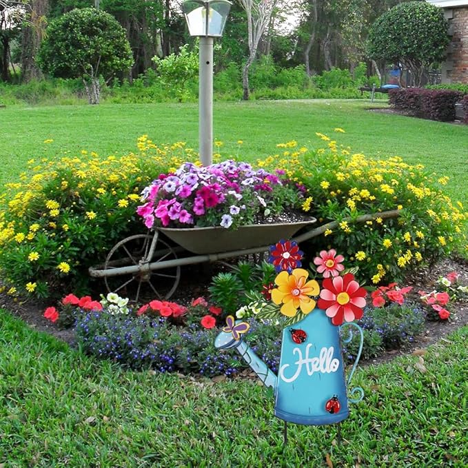 hogardeck Garden Decor for Outside, Metal Watering Can Decorative Garden Stakes with Flowers, Yard Art Welcome Spring Signs for Outdoor Lawn Backyard Porch Patio Garden Decorations