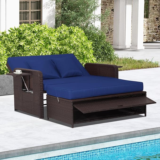 LDAILY Moccha Outdoor Daybed, Wicker Loveseat Sofa Set with 4-Postion Adjustable Backrest, Storage Ottoman, Cushions, Rattan Double Bed Lounger, Patio Furniture Set (Navy)