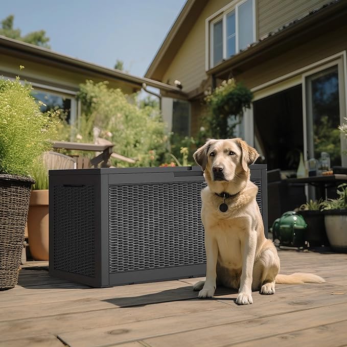 ROJIK Outdoor Storage Housing Deck Box - Waterproof Patio Furniture, Garden Tools, Cushions, Pool Accessories Storage Bench with Lockable Lid and Side Handles (Black 110 Gal)