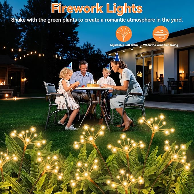 Solar Garden Lights 2 Pack Waterproof Solar Swaying Starburst Light Outdoor Lights for Yard Patio Walkway Pathway Party Wedding Christmas Decoration, Warm White