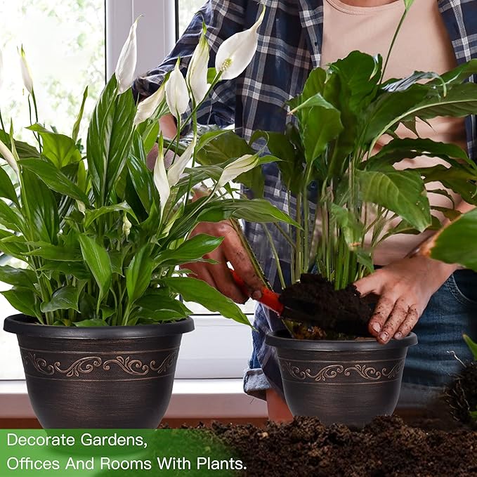 Plastic-Plant-Flower-Planters-8 Inch With Drainage Hole & Saucer, 6 Packs Lightweight Small Resin Flower Pot Indoor Outdoor, Retro Antique Imitation Decorative Garden Containers Sets For Houseplants