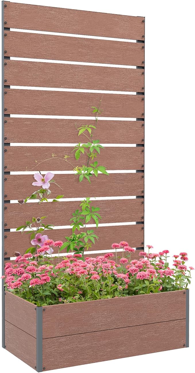 Outsunny Raised Garden Bed with Trellis for Climbing Plants, Planter Box with Self Draining Gap, Freestanding Trellis Planter for Outdoor, Patio, Deck, 28.25" x 15" x 59", Brown