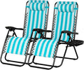 Nazhura Set of 2 Relaxing Recliners Patio Chairs Adjustable Steel Mesh Zero Gravity Lounge Chair Beach Chairs with Pillow and Cup Holder (Light Blue Stripe)