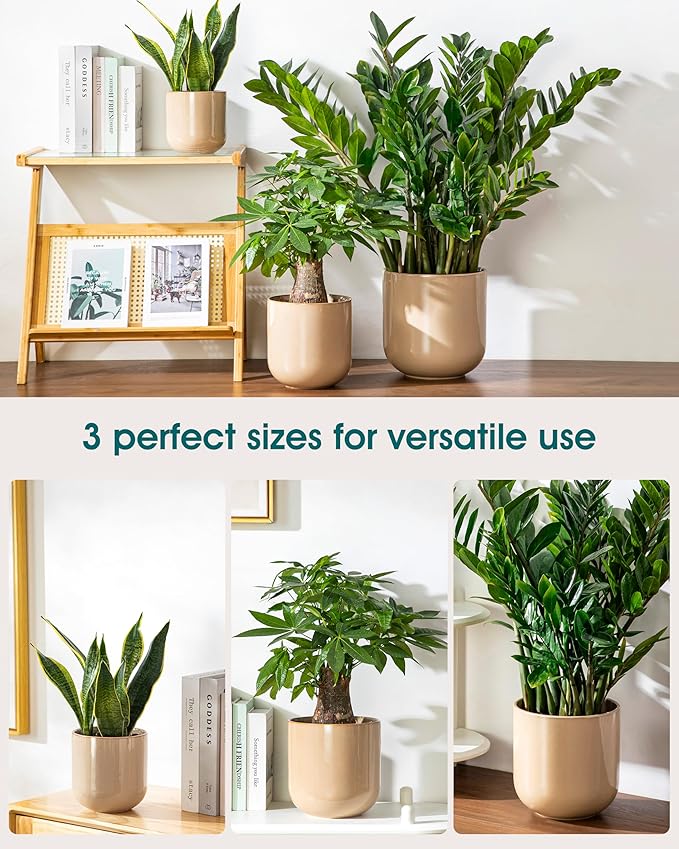 vancasso 6+8+10 inches Ceramic Plant Pots, Set of 3, Planters with Drainage Hole, Flower Pots Planters Pots for Indoor Plants, Modern Indoor Decorative Garden Pot, Home Decor, Brown