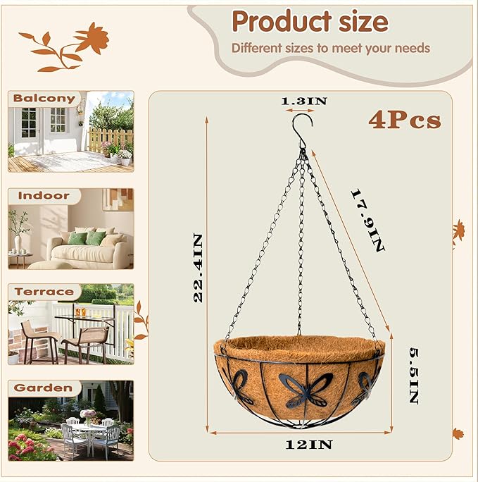 12 inch Metal Hanging Baskets For Plants Outdoor 4 Pack Round Metal Wire Hanging Basket Planter with Coco Fiber Liners Chain Round Wire Plant Holder for Garden, Patio, Deck, Porch Plants Flower Potss