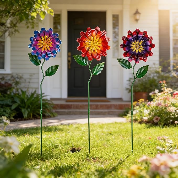 Metal Flowers for Outside,3 Pack Flowers Decorative Garden Stakes Spring Decor,Waterproof Metal Yard Art for Outside,Lawn,Patio,Yard