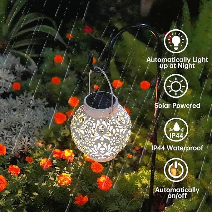 2 Pack Outdoor Solar Hanging Lantern Lights Metal LED Decorative Lamp for Garden Patio Courtyard Lawn and Table with Hollowed-Out Design (White)