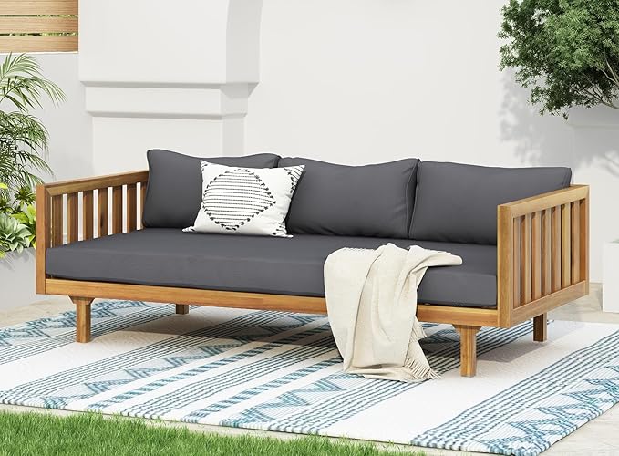 Merax Outdoor 3 Seater Daybed, Acacia Wood Day Bed Couch Sofa with Cushions for Patio Backyard, Garden, Dark Grey + Brown