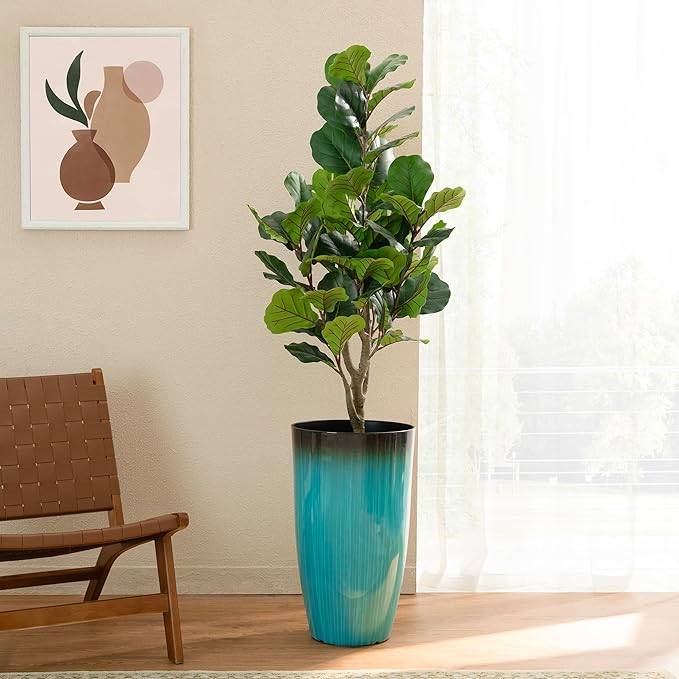 Glitzhome 23.5" H Tall Outdoor Planter, Set of 2 Large Tall Planters with Gradient Turquoise Faux Ceramic Finish, Large Flower Pots for Porch Garden Patio Indoor All Season Decor,with Drainage Holes
