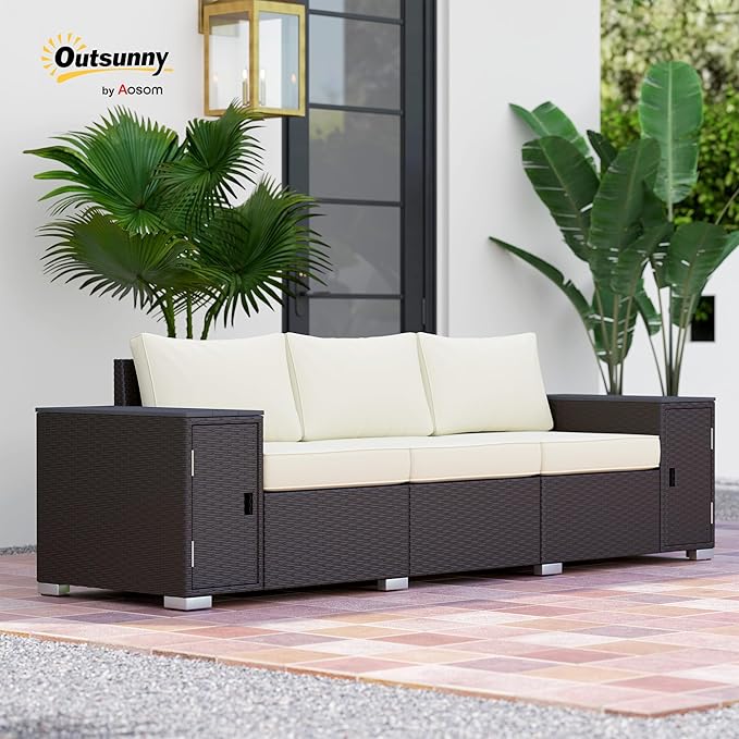 Outsunny 3 Seater Wicker Sofa with 2 Storage Side Tables and Thickened Cushions, Rattan Outdoor Patio Sofa with Wide Armrests, Wicker Outdoor Couch for Porch, Garden, Backyard, Cream White/Brown