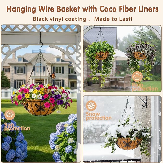 12 inch Metal Hanging Baskets For Plants Outdoor 4 Pack Round Metal Wire Hanging Basket Planter with Coco Fiber Liners Chain Round Wire Plant Holder for Garden, Patio, Deck, Porch Plants Flower Potss