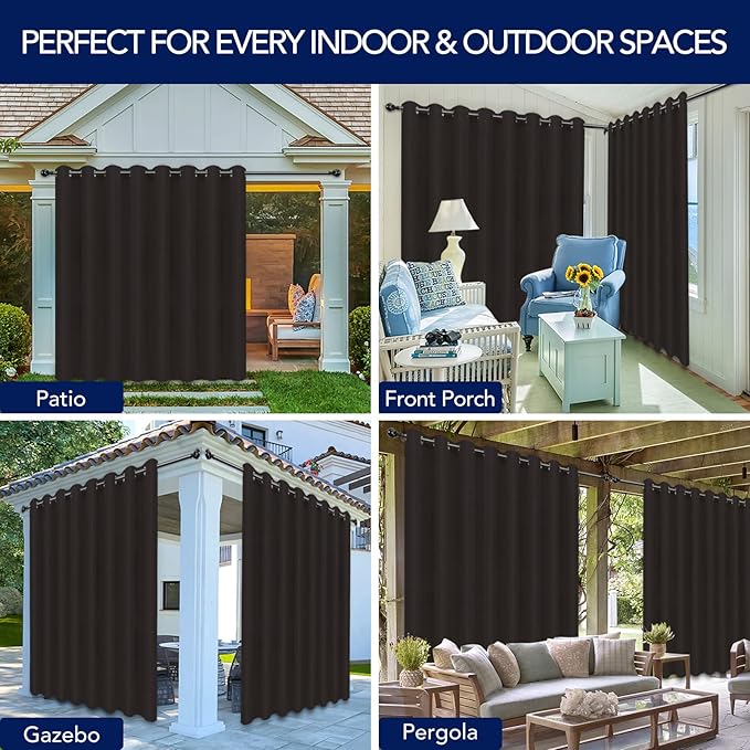 PureFit Outdoor Curtains for Patio Waterproof Weatherproof, UV Resistant Outside Curtains for Gazebo, Front Porch, Pergola, Sun Blocking Privacy Curtain, 120W x 84L inch, 1 Panel, Chocolate