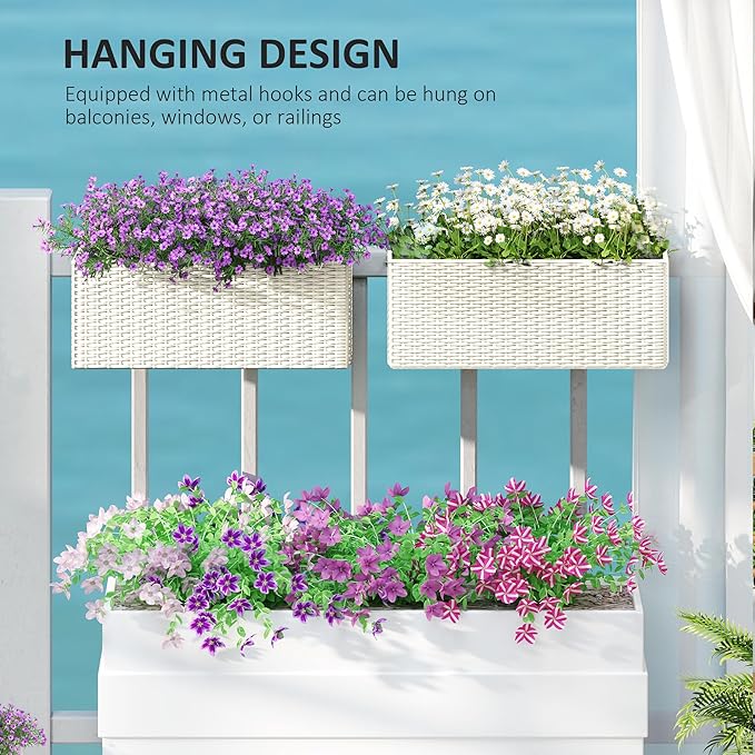Outsunny Railing Planter Box (2 Pack, 20 Inch), Hanging Flower Pots with Hooks, Drainage Holes for Fence, Balcony, Garden, Patio, Rattan Look, White