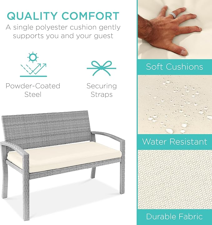 Best Choice Products Outdoor Bench 2-Person Wicker Garden Patio Benches Seating Furniture for Backyard, Porch w/Seat Cushion, 700lb Capacity - Cream/Gray
