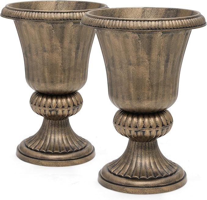 Magshion 20" Urn Planters for Outdoor Plants, Large Decorative Front Porch Planters Set of 2, Weatherproof Tall Plastic Flower Pots for Garden, Patio & Entryway Décor, Antique Brass