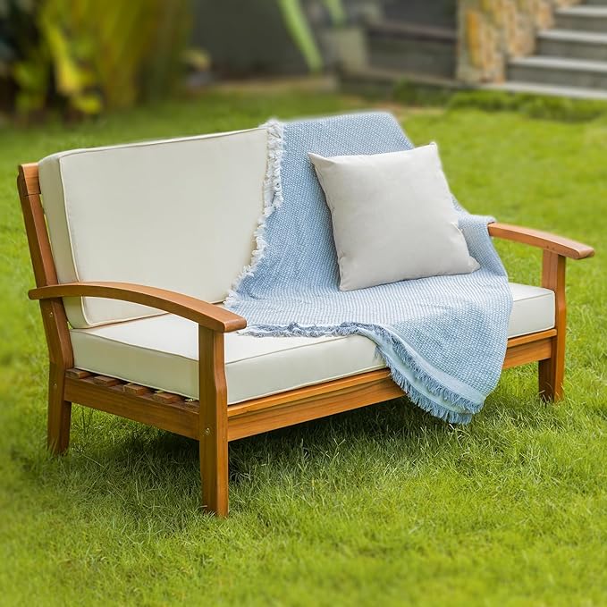 IDZO Laurent 800lbs Capacity Acacia Outdoor Loveseat, FSC Certified 2 Seater Patio Sofa with 3.9in Thick Cushions, Teak Finish Porch Couch for Garden Backyard