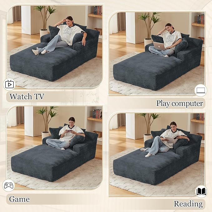 80 Inch Chaise Lounge Chair Indoor, Oversized Corduroy Upholstered Boneless Sofa Bed, Deep Seat Sleeper Couch Reading Chairs, Cloud Sofas Couches for Living Room, No Assembly Required (Dark Grey)