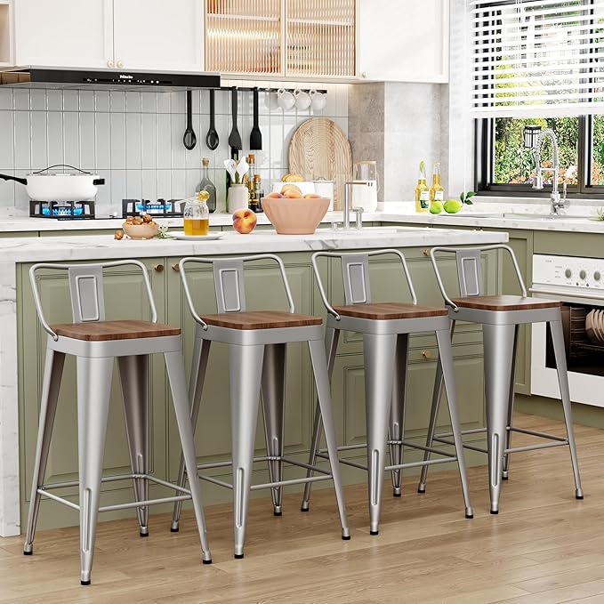 WENTMENT Bar Stools Set of 4 Counter Height Stools with Removable Back 26" Kitchen Bar Stools with Wooden Seat, Silver