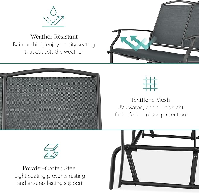 Best Choice Products 2-Person Outdoor Patio Swing Glider Steel Bench Loveseat Rocker for Deck, Porch w/Textilene Fabric, Steel Frame - Dark Gray