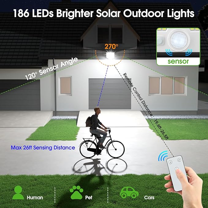 Solar Lights Outdoor Waterproof, 186 Bright LEDs Dusk to Dawn Motion Security Flood Lights with Remote for Outside, Garage,Yard,Patio, 4 Pack