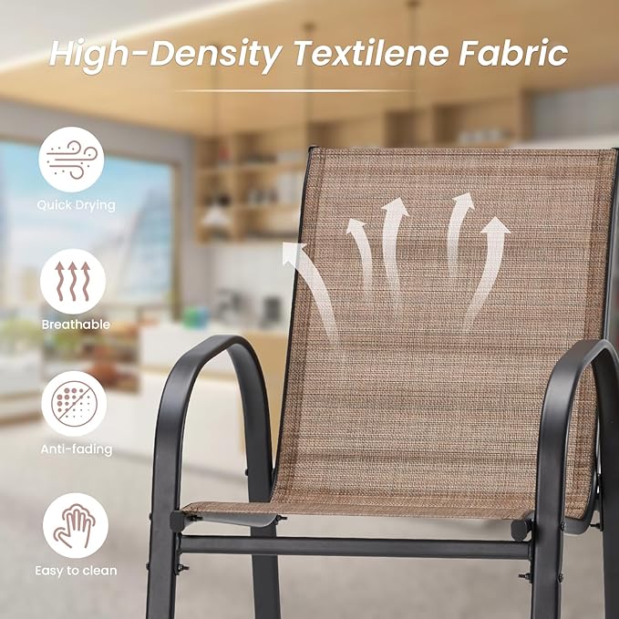 HOMREST Outdoor Bar Height Stools Set of 8,High Back Patio Chairs with Armrests,Textilene Chairs with Breathable Fabric & Metal Frame for All Weather,Brown