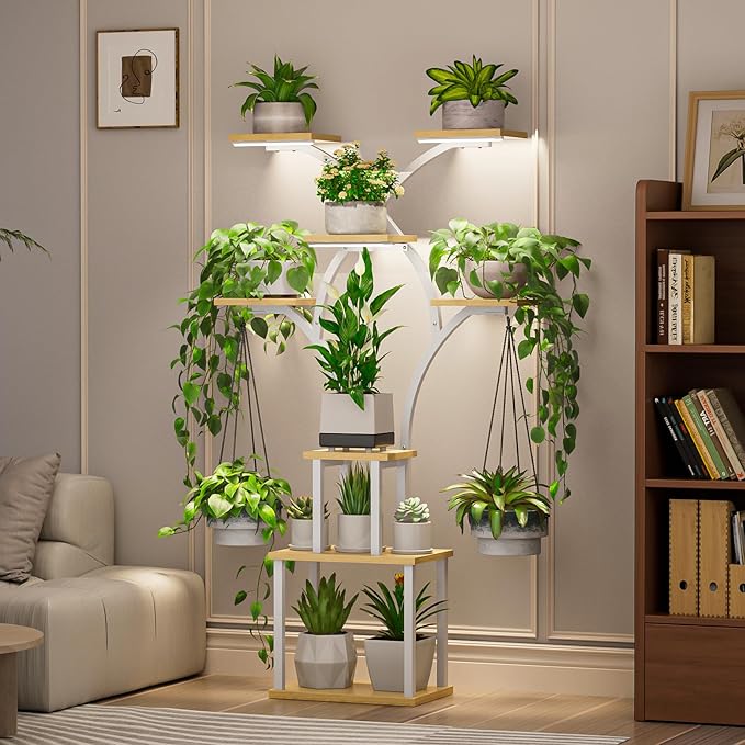 Elbourn Plant Stand Indoor with Grow Lights - 60" Tall Metal Plant Shelf for Multiple Plants, 8 Tiered Corner Plant Stands for Indoor Plants, X - Shaped Decorative Rack for Home, Living Room & Patio Decor (White)