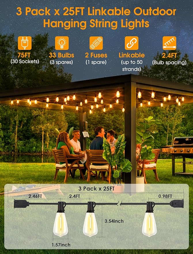 75FT(3x25FT) Outdoor String Lights, Patio Lights with 30+3 LED Dimmable Waterproof Connectable ST38 Bulbs for Outside Porch Balcony, Black